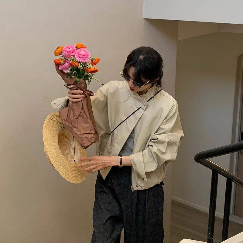 韩系下摆抽绳外套女小个子短款2024年春季新款宽松百搭皮质夹克潮