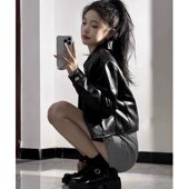 2024新款 小个子pu黑色金扣机车小皮衣外套女士 复古bf风皮夹克短款