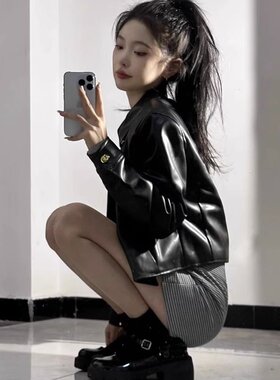 2024新款复古bf风皮夹克短款小个子pu黑色金扣机车小皮衣外套女士