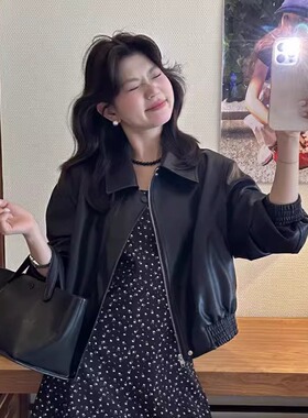 黑色pu皮衣外套女2025春秋新款美式拼接复古机车服夹克炸街上衣女