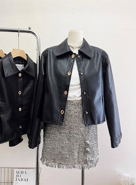 pu定制金扣黑色皮衣女2024年春季新款休闲酷辣百搭小众机车短外套