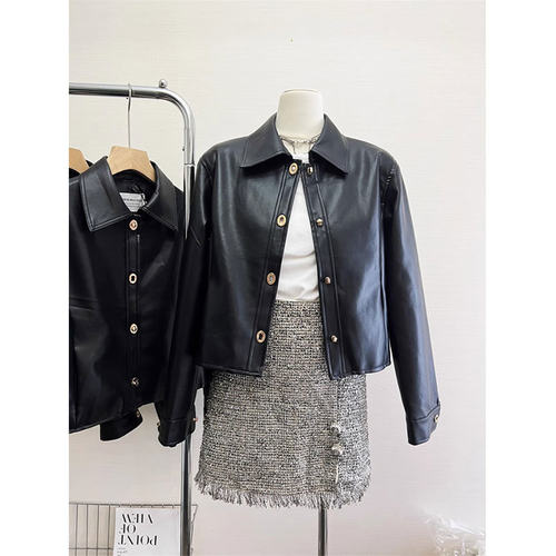 pu定制金扣黑色皮衣女2024年春季新款休闲酷辣百搭小众机车短外套