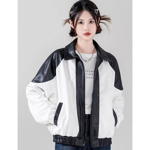 2024春秋新款翻领长袖PU皮衣外套女宽松撞色机车风皮夹克上衣女潮