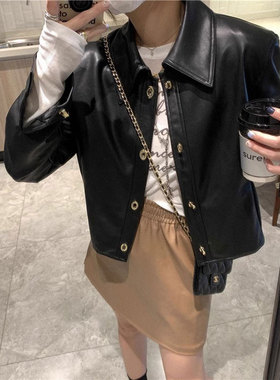 港风小众黑色短款皮衣女精致猪鼻扣机车服2024春秋款薄款夹克外套