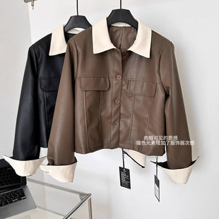 小香风百搭拼色皮衣外套女春秋短款港风韩版气质polo复古机车上衣