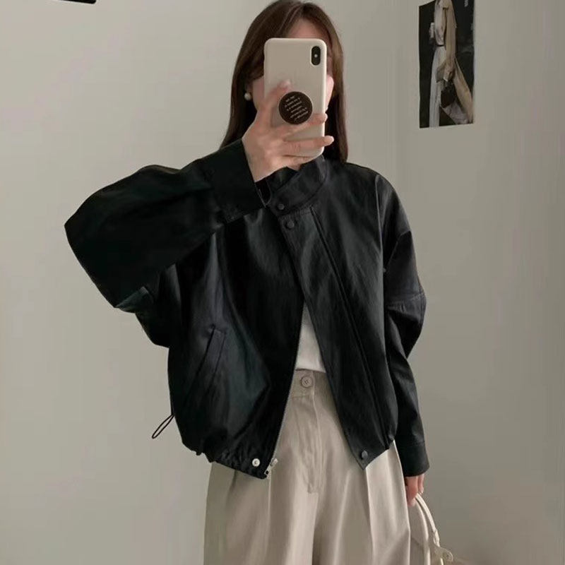 黑色皮衣外套女2024新款爆款韩版小个子蝙蝠袖机车皮夹克短款上衣