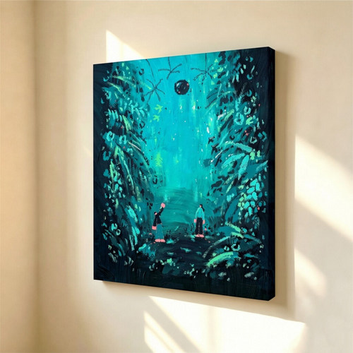无框画ohjpaint青蓝幽暗森林双人物仰望星球卧室客厅装饰画挂画