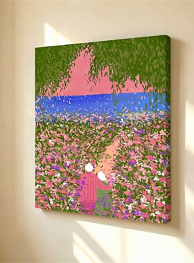 无框画fridaock粉海黄昏花海相伴老人浪漫治愈卧室客厅装饰画挂画