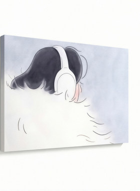 无框画Lilou灰调背影少女头戴耳机独处温柔餐厅卧室客厅装饰挂画