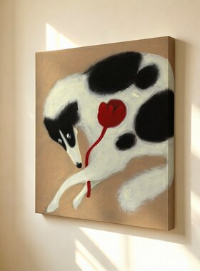 无框画Yukiko复古暖棕红郁金香斑点灵缇犬餐厅艺术客厅装饰画挂画