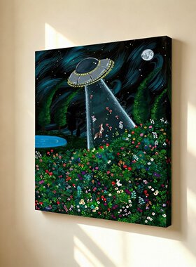 无框画Abbie深夜星空圆月UFO飞碟花园童趣餐厅卧室客厅装饰画挂画