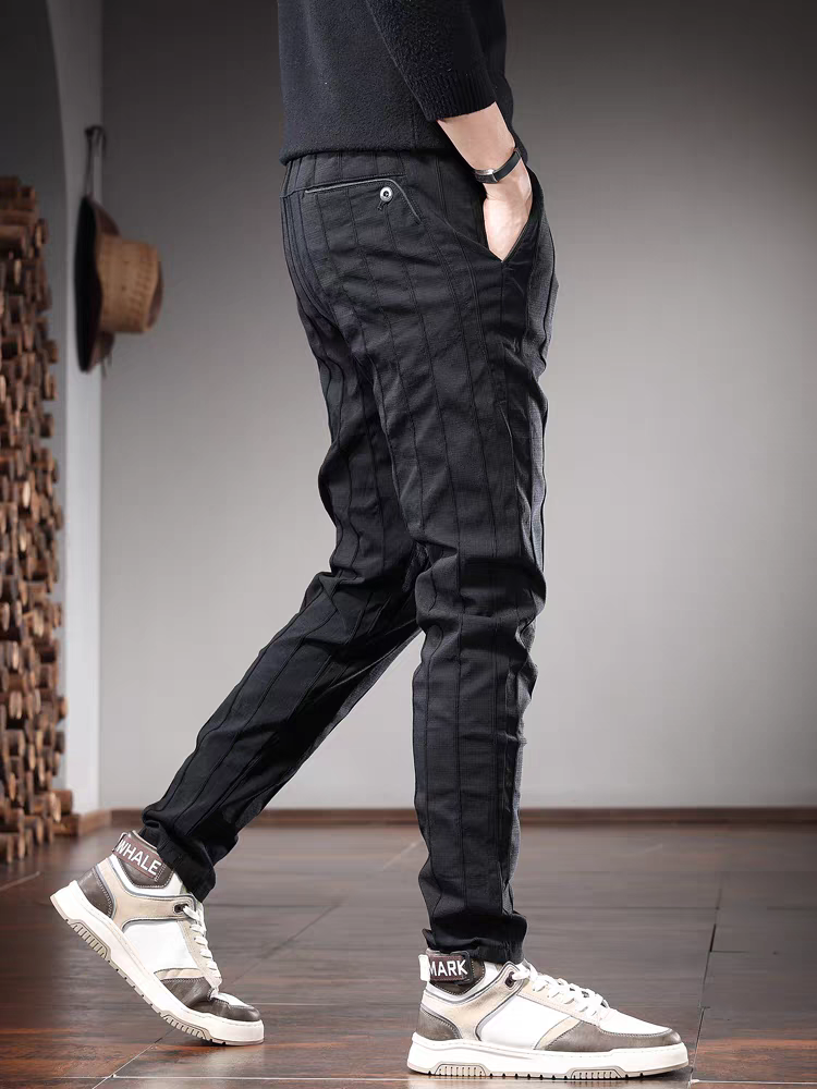 秋季高端男士条纹休闲裤潮流韩版修身黑色小脚裤运动松紧腰长裤男