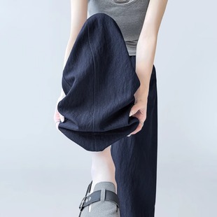 加长藏蓝色冰丝速干阔腿薄款 女2025夏季 高个子抽绳宽松镰刀山本裤