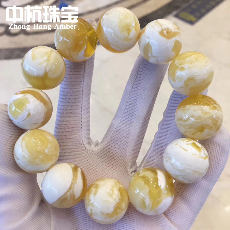中杭珠宝天然琥珀老蜜蜡手串鸡油黄蜜糖红20~23mm纯圆珠子手链