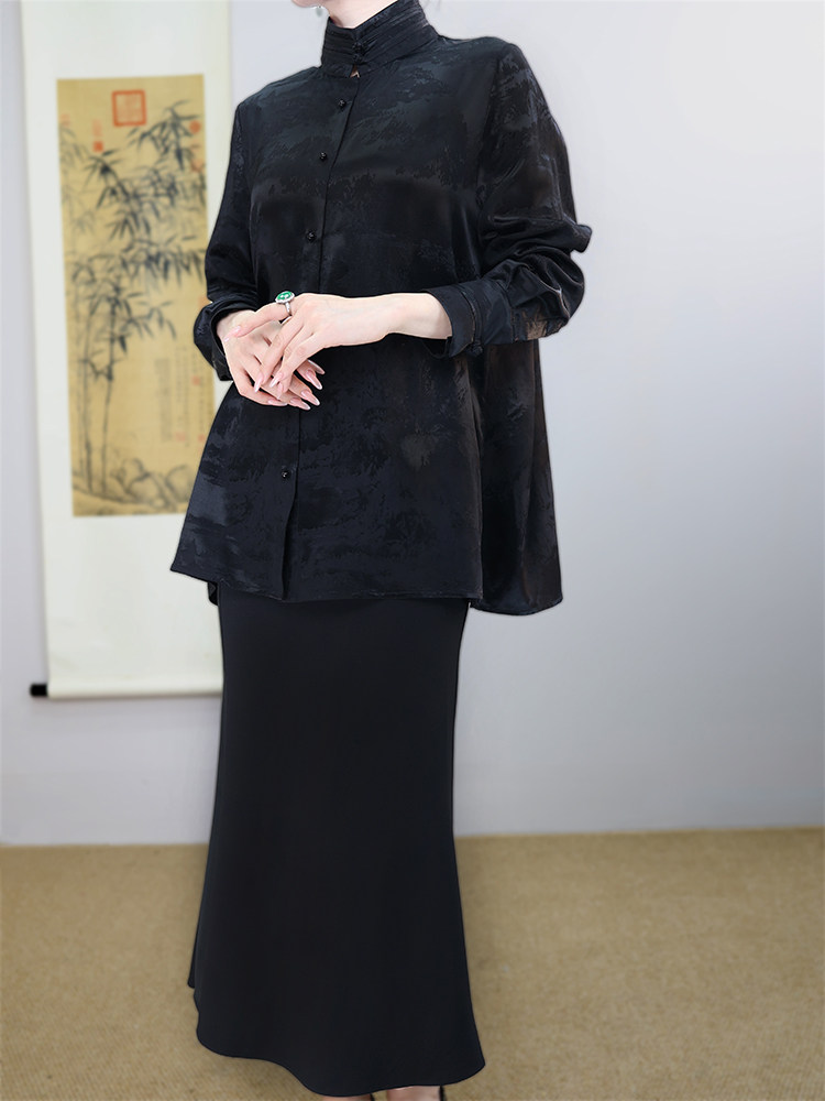 起源学新中式国风衬衫女长袖春秋立领衬衣高级感小众提花唐装上衣