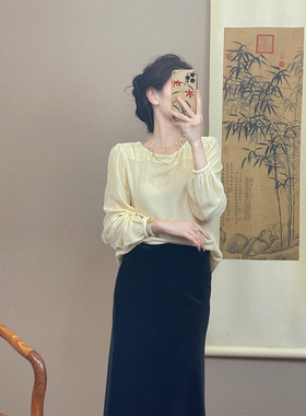 起源学新中式长袖衬衫女高级设计感黄色丝绒上衣温柔风防晒打底衫