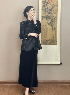 丝绒半身裙女黑色裙子秋款高腰垂坠感显瘦中国风复古百搭鱼尾半裙