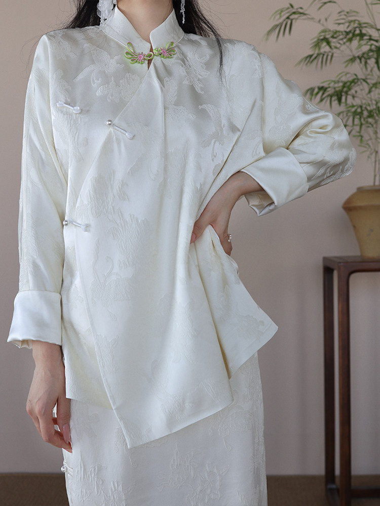 起源学白色真丝冠乐皱上衣春秋女国风复古改良唐装外套半身裙套装