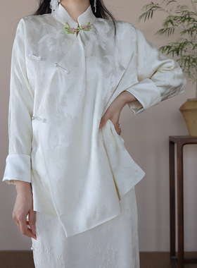 起源学白色真丝冠乐皱上衣春秋女国风复古改良唐装外套半身裙套装