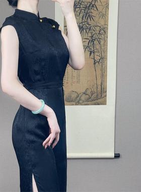 新中式改良旗袍复古连衣裙黑色开叉修身显瘦显白老上海风复古长裙