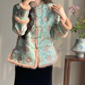 起源学原创设计秋冬中国风复古新中式 圆领夹棉短外套水貂毛上衣女