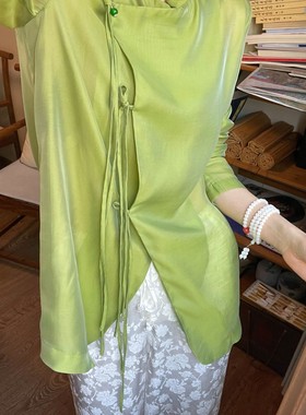 起源学新中式高级感防晒外套天丝长袖夏季复古衬衫绿色显瘦衬衣女