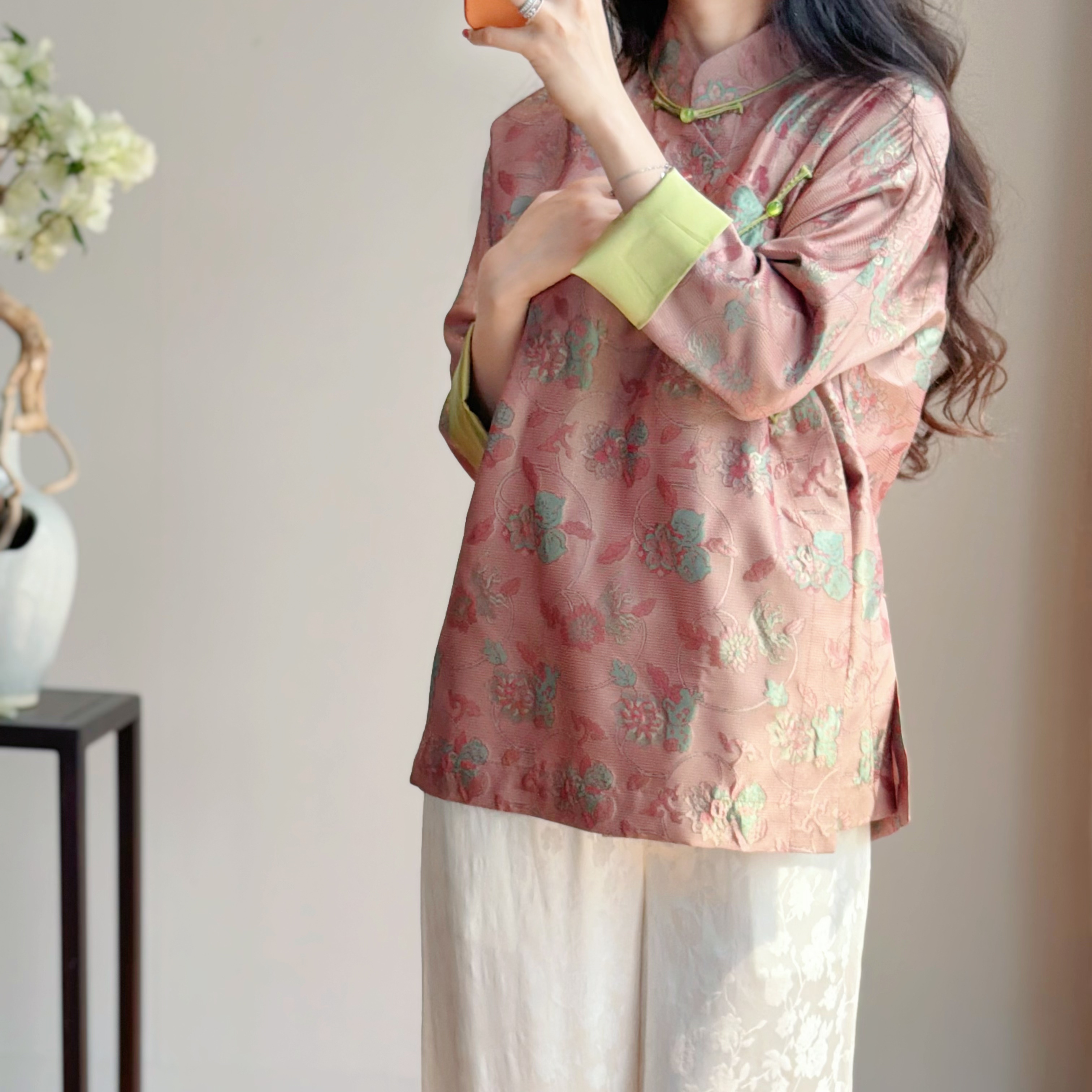 春季新中式印花立领长袖女衬衫