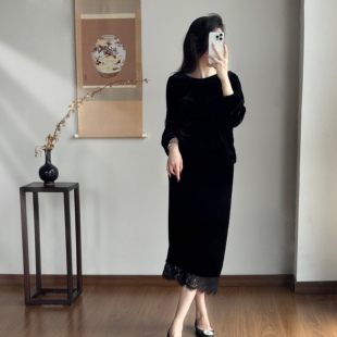 2025秋冬季新款新中式国风丝绒半身裙女高级感气质显瘦半身裙