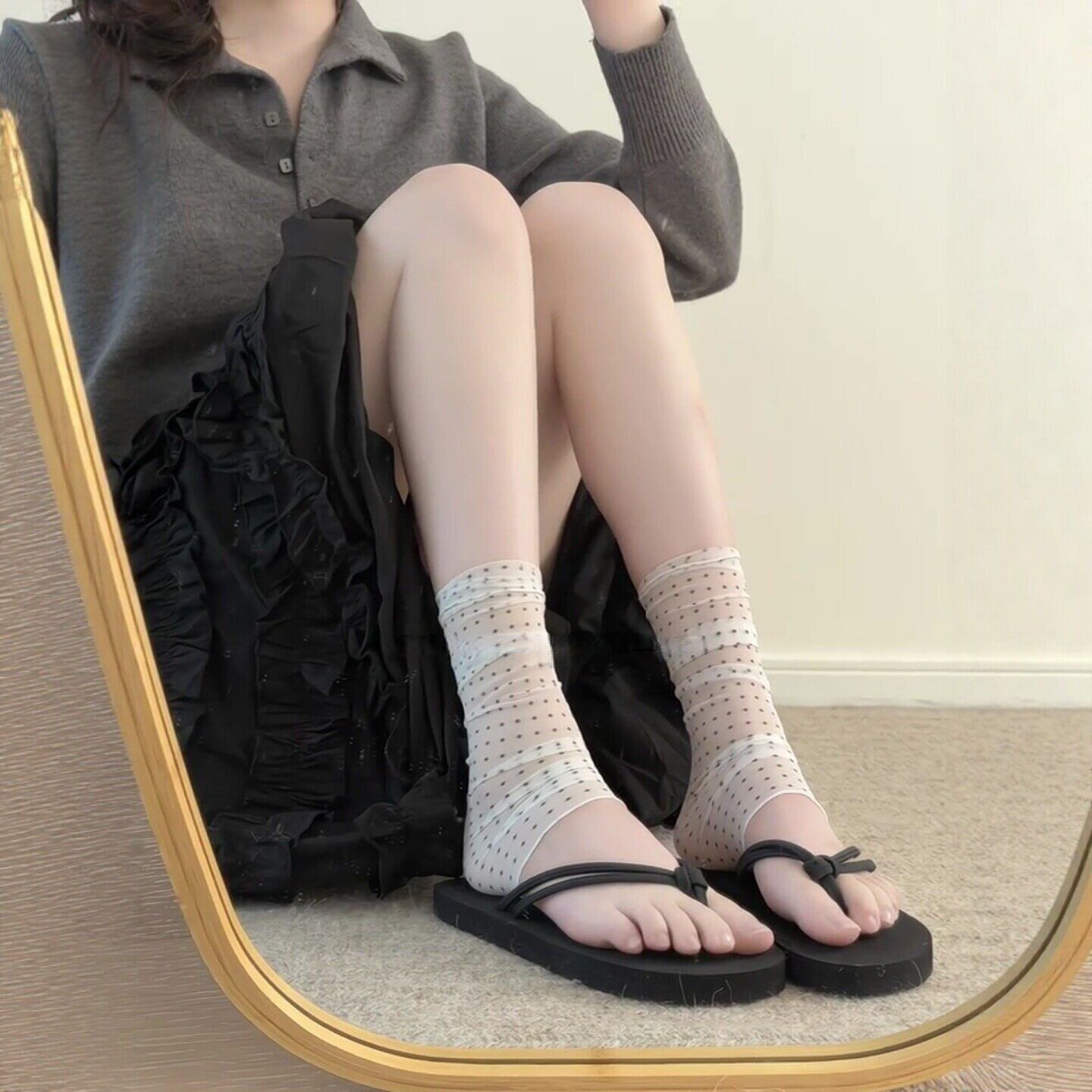 白色波点袜套女人字拖鞋半截袜包脚跟堆堆袜子莱赛尔薄款网纱腿套