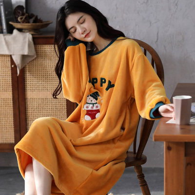 冬季珊瑚绒睡裙女长袖加厚保暖睡衣长款大码孕妇法兰绒睡袍可外穿