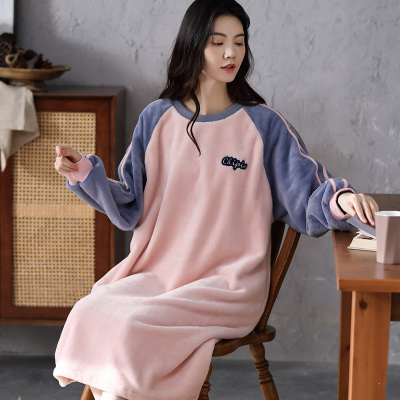 冬季珊瑚绒睡裙女长袖加厚保暖睡衣长款大码孕妇法兰绒睡袍可外穿
