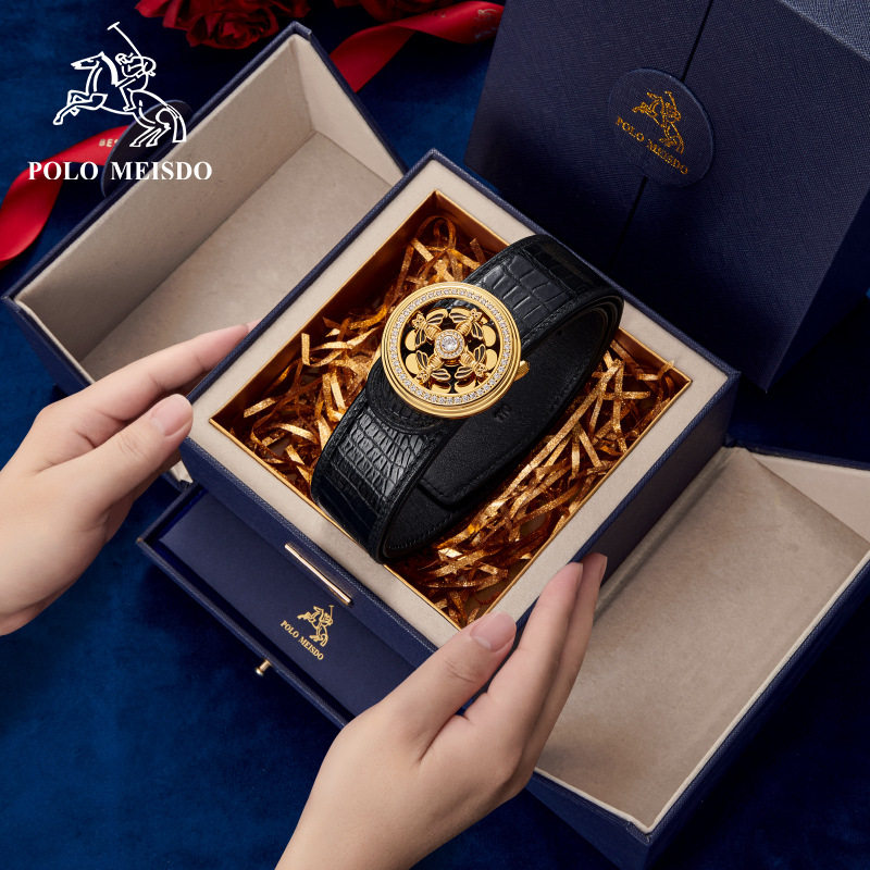 保罗美思得鳄鱼皮带男士新款小蜜蜂时来运转平滑扣腰带奢侈品