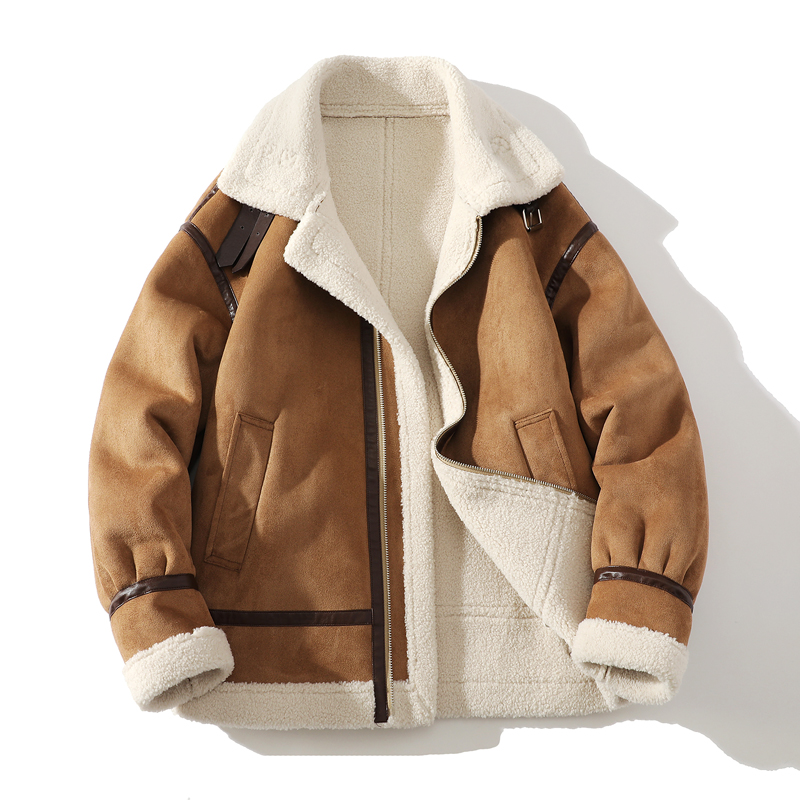 皮毛一体男士冬季新款大码加绒加厚短款机车服潮男羊羔毛棉衣外套
