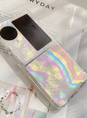 白色彩虹贝母光适用oppo find n3 flip手机壳ins风三星zflip5小折叠屏pocket 2气囊zflip4新款vivo x flip
