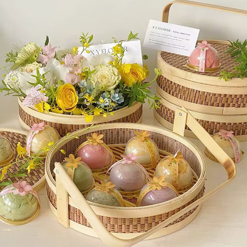 中秋节国风双层竹编手提月饼篮圆形月饼盒鲜花礼品盒手提篮