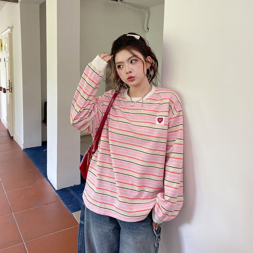 欧尼不胖韩系甜美风彩色条纹长袖T恤女2026秋季新款大码显瘦上衣