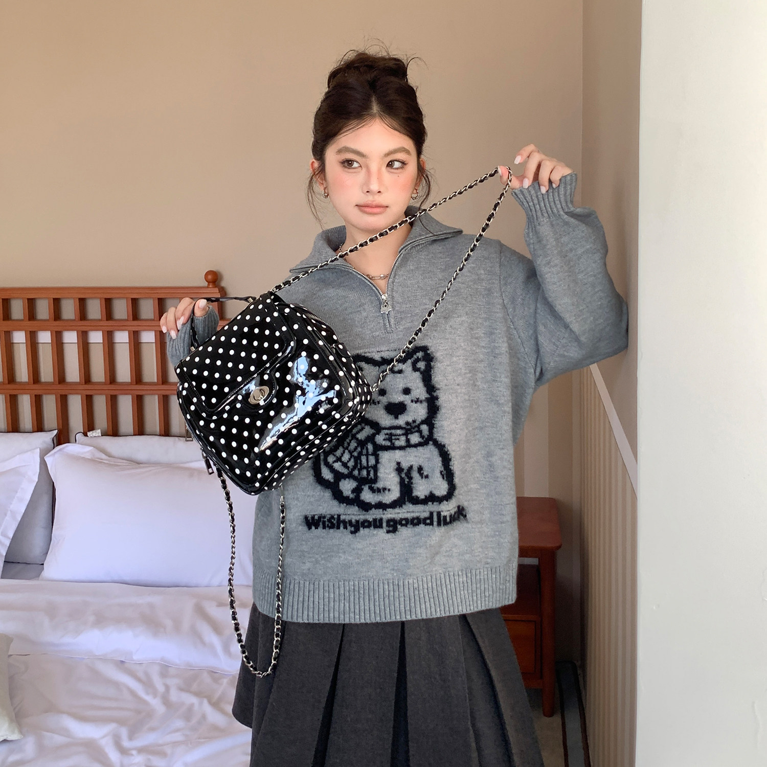 欧尼不胖秋冬新款胖mm提花仿貂毛卡通毛衣polo领半拉链百搭针织女,女装/女士精品,毛衣,淘宝优惠券,粉丝福利购,淘宝优惠卷