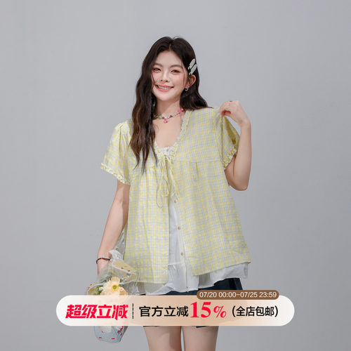 欧尼不胖大码胖mm假俩件格纹短袖衬衫女夏季新款遮肉显瘦上衣