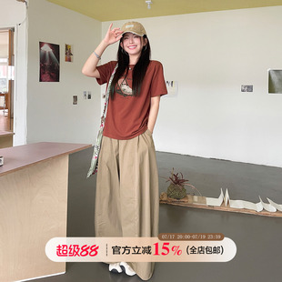 小草宽松定制大码女装美式复古水洗卡其色阔腿休闲裤高腰遮肉长裤