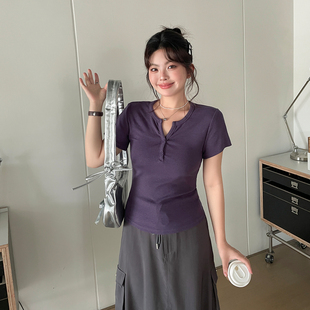 半开领短袖 胖mm韩系夏季 T恤宽松显瘦百搭上衣 女装 欧尼不胖大码