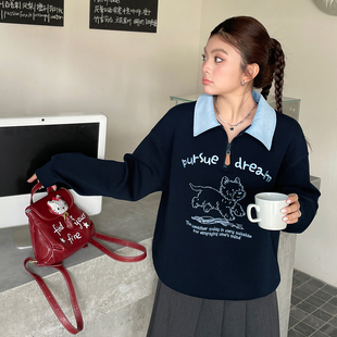 欧尼不胖美式 卫衣女胖mm宽松翻领巨好看显瘦上衣 刺绣线条小狗长袖