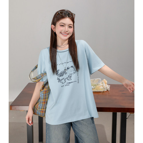 欧尼不胖胖mm灰色短袖T恤女夏季复古卡通印花宽松韩系半袖上衣