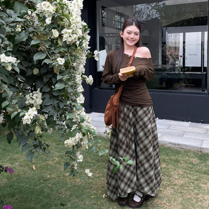 欧尼不胖巨好看春季复古美拉德套装女设计感斜肩上衣连衣裙两件套