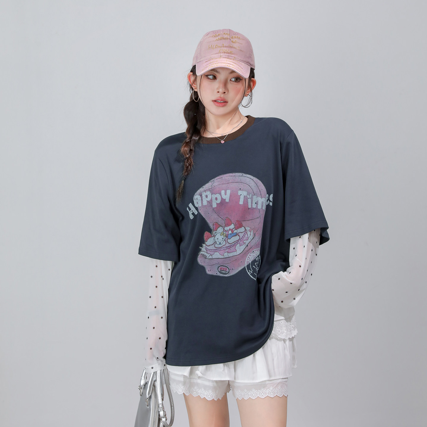 大码女装时尚波点拼接防嗮长袖T恤女夏季薄款胖mm显瘦假两件上衣