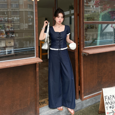 欧尼不胖大码女装胖mm韩系夏季新款蕾丝拼接短袖套装阔腿裤两件套