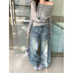 欧尼不胖大码显瘦阔腿牛仔裤女胖mm复古猫须春夏季宽松拖地长裤子