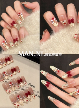 【心想狮成】手工穿戴甲2025新年款猫眼醒狮穿戴甲短款红色豆豆甲