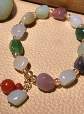 天然新疆和田玉白玉俄罗斯碧玉紫绿玛瑙随型仿原石籽料手链手串女