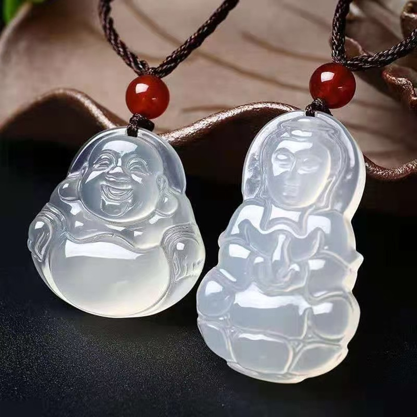 天然高冰种白玉髓玉石吊坠玛瑙观音佛四季豆玉项链招财挂件
