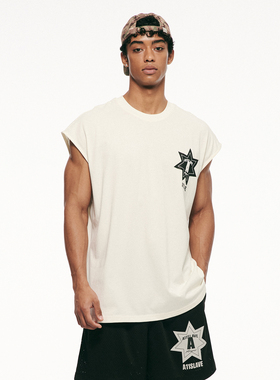 A11SLAVE徽章标语印花落肩背心新款街头复古美式无袖t恤宽松上衣